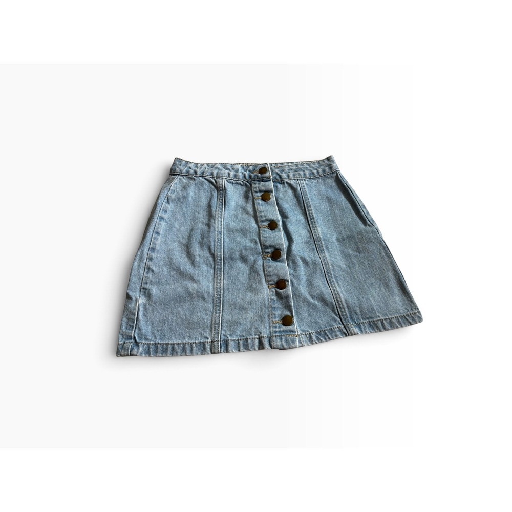 Forever 21 Denim Mini Skirt Size S Light Blue Button Front A-Line Casual 90s